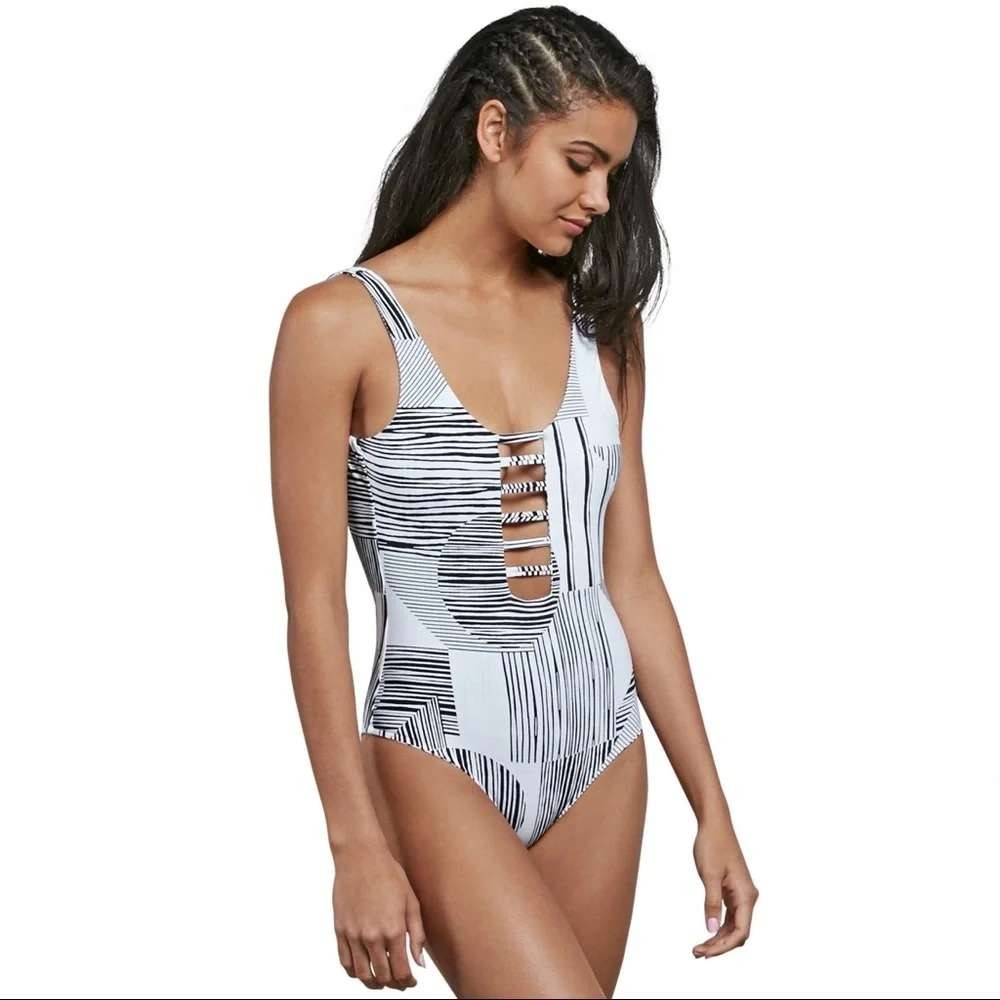 Volcom Out Of Line One Piece Swimsuit Sz S Black White Geometric Cutout NWT